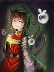 Rule 34 | 1girl, alternate hairstyle, animal ears, baten (gei-vorugu), cat ears, cat girl, cat tail, chen, earrings, female focus, gradient background, hair ornament, hairpin, highres, jewelry, long sleeves, magic, ponytail, smile, solo, tail, touhou
