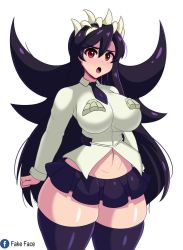 Rule 34 | 1girl, artist name, black hair, black necktie, breasts, curvy, demon, fake face, filia (skullgirls), gowing eyes, huge breasts, large breasts, long hair, looking at viewer, miniskirt, navel, necktie, open mouth, pocket, red eyes, school uniform, shiny clothes, shiny skin, skirt, skullgirls, solo, standing, thick thighs, thighs, tight clothes, tongue, white background, wide hips