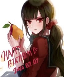 Rule 34 | 16 (0xhsk16), 1girl, blunt bangs, blush, bracelet, commentary request, danganronpa (series), danganronpa v3: killing harmony, dated, ear piercing, earrings, food, from side, fruit, hair ornament, hair scrunchie, hairclip, happy birthday, harukawa maki, heart, highres, holding, holding food, holding fruit, jewelry, long hair, long sleeves, looking at viewer, looking to the side, mole, mole under eye, open mouth, piercing, red eyes, red scrunchie, red shirt, school uniform, scrunchie, shirt, simple background, solo, twintails, upper body, white background