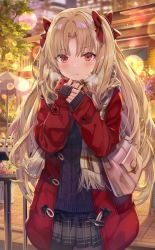 Rule 34 | 1girl, :t, alternate costume, aran sweater, bag, black pantyhose, black skirt, blush, bow, breath, brown scarf, building, cable knit, casual, closed mouth, coat, cowboy shot, day, duffel coat, ereshkigal (fate), fate/grand order, fate (series), fringe trim, hair bow, handbag, highres, long hair, miniskirt, night, open clothes, open coat, outdoors, own hands together, pantyhose, parted bangs, plaid, plaid scarf, plaid skirt, pleated skirt, pout, purple sweater, red bow, red coat, scarf, shoulder bag, skirt, sleeves past wrists, solo, sweater, torino aqua, two side up, very long hair