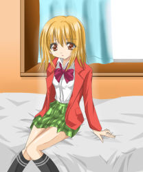 Rule 34 | 1boy, bed, bed sheet, blonde hair, blush, bow, bowtie, crossdressing, curtains, long hair, long sleeves, looking at viewer, male focus, on bed, pretty face, randou masashi, red bow, red bowtie, sitting, solo, tareme, trap, window