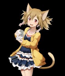 Rule 34 | 10s, 1girl, animal ears, black dress, breasts, brown hair, cardigan, cat ears, cat tail, collarbone, cowboy shot, dress, hair between eyes, holding, jewelry, layered dress, long hair, looking at viewer, necklace, open cardigan, open clothes, red eyes, silica, silica (sao-alo), small breasts, solo, standing, sweater, sword art online, tail, transparent background, yellow sweater