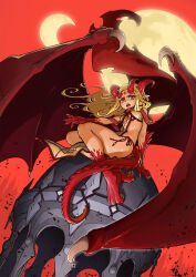 Rule 34 | 1girl, blonde hair, breasts, broken horn, building, claws, collaboration, commentary request, crescent moon, demon girl, demon horns, demon tail, demon wings, forehead jewel, full moon, highres, horns, lack, long hair, medium breasts, moon, open mouth, original, pelvic curtain, pointy ears, red background, revealing clothes, scales, sharp teeth, sitting, solo, tail, teeth, underboob, unpopin, wings