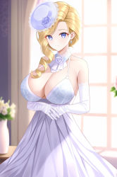 Rule 34 | 1girl, ai-assisted, alternate costume, ascot, azur lane, bare shoulders, blonde hair, blue eyes, blurry, blurry background, breasts, cleavage, closed mouth, collarbone, commentary, cowboy shot, detached collar, dress, drill hair, earrings, elbow gloves, english commentary, gloves, hair over shoulder, hat, highres, hood (azur lane), indoors, jewelry, large breasts, long dress, long hair, looking at viewer, mini hat, plant, potted plant, ring, sidelocks, sleeveless, sleeveless dress, smile, solo, standing, tilted headwear, tina (tinafya), wedding dress, wedding ring, white ascot, white dress, white gloves, window