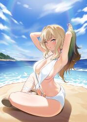 Rule 34 | 1girl, armpits, arms up, bare arms, bare legs, beach, black hair, blonde hair, blue eyes, blue sky, breasts, cleavage, closers, cloud, from side, full body, gradient hair, hands in hair, harpy (closers), highres, indian style, island, large breasts, leg ribbon, lens flare, long hair, looking at viewer, looking to the side, multicolored hair, nail polish, o-ring, o-ring swimsuit, ocean, official art, one-piece swimsuit, outdoors, parted lips, ribbon, sand, sandals, sideboob, sidelocks, sitting, sky, slingshot swimsuit, solo, swimsuit, white footwear, white one-piece swimsuit, white ribbon, white slingshot swimsuit