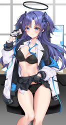 Rule 34 | 1girl, black bra, black gloves, black panties, black skirt, blue archive, blue eyes, blue necktie, blush, bra, breasts, cellphone, cleavage, closed mouth, collared shirt, feet out of frame, gloves, halo, highres, holding, holding phone, indoors, jacket, long hair, long sleeves, matrix16, mechanical halo, medium breasts, necktie, panties, phone, pleated skirt, purple hair, shirt, skirt, smartphone, solo, two-sided fabric, two-sided jacket, two side up, underwear, white jacket, white shirt, yuuka (blue archive)