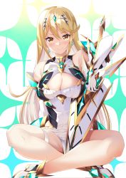 Rule 34 | aegis sword (xenoblade), bare legs, bare shoulders, blonde hair, breasts, cleavage, cleavage cutout, clothing cutout, daive, dress, earrings, elbow gloves, gloves, headpiece, highres, jewelry, large breasts, long hair, mythra (xenoblade), short dress, solo, swept bangs, thigh strap, tiara, very long hair, white dress, white footwear, white gloves, xenoblade chronicles (series), xenoblade chronicles 2, yellow eyes