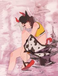 Rule 34 | 1girl, ai ken, animal ears, animal print, bare shoulders, black hair, breasts, commentary request, cow ears, cow horns, cow print, cow tail, crop top, feet out of frame, frills, haori, highres, horns, japanese clothes, knee up, large breasts, looking at viewer, midriff, multicolored hair, off shoulder, pink background, red eyes, red footwear, sandals, short hair, silver hair, sitting, soaking feet, solo, split-color hair, tail, thighs, touhou, two-tone hair, ushizaki urumi