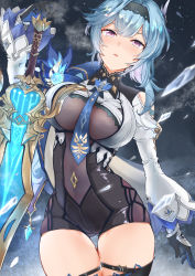 Rule 34 | 1girl, between breasts, black gloves, black hairband, black shorts, blue hair, blue necktie, bodysuit, breasts, butterfly hair ornament, clothing cutout, covered navel, cowboy shot, eula (genshin impact), genshin impact, gloves, hair ornament, hairband, half-closed eyes, highres, holding, holding sword, holding weapon, ice shard, large breasts, long hair, looking at viewer, mofumoffua, necktie, parted lips, purple eyes, short shorts, shorts, shoulder cutout, simple background, solo, sword, thighs, vision (genshin impact), weapon