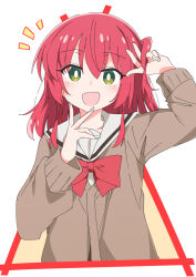 Rule 34 | 1girl, :d, bocchi the rock!, bow, bowtie, brown cardigan, cardigan, green eyes, ixy, kita ikuyo, long sleeves, looking at viewer, open mouth, red bow, red bowtie, red hair, sailor collar, school uniform, short hair, simple background, smile, solo, white background, white sailor collar