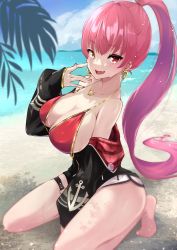 Rule 34 | 1girl, absurdres, beach, breasts, heterochromia, high ponytail, highres, hololive, hololive fantasy, houshou marine, houshou marine (summer), large breasts, long hair, ocean, pirate, red eyes, red hair, risumi (taka-fallcherryblossom), solo, very long hair, virtual youtuber, yellow eyes