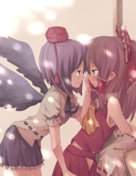 Rule 34 | 2girls, armpits, bad id, bad pixiv id, bare shoulders, black hair, black wings, blush, bow, brown hair, couple, detached sleeves, eye contact, face-to-face, female focus, hair bow, hakurei reimu, hat, japanese clothes, leaning back, leaning forward, looking at another, miko, multiple girls, navel, profile, shameimaru aya, short hair, smile, sou (tuhut), tokin hat, touhou, wings, yuri