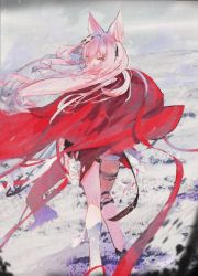 Rule 34 | 1girl, absurdres, animal ears, arknights, cape, covered mouth, feet out of frame, floating hair, from behind, grey sky, hair between eyes, hair ornament, hair over mouth, highres, long hair, looking at viewer, looking back, loopkya, outdoors, pink hair, pozyomka (arknights), red cape, red eyes, sky, solo, wolf ears, wolf girl