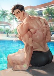 Rule 34 | 1boy, bara, black hair, black male swimwear, day, highres, large pectorals, looking at viewer, male focus, male swimwear, muscular, muscular male, original, outdoors, parted lips, pectorals, pool, short hair, sitting, sky, solo, ssong-ga, twitter username, wet