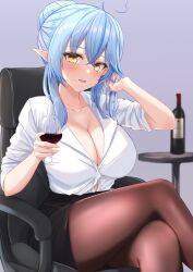 Rule 34 | 1girl, :d, absurdres, ahoge, alternate hairstyle, black pantyhose, black skirt, blue hair, bottle, breasts, button gap, chair, cleavage, collarbone, collared shirt, crossed bangs, crossed legs, cup, dress shirt, drink, drinking glass, elbow rest, hair bun, hair up, hand in own hair, hands up, heart, heart ahoge, heckler kai, high-waist skirt, highres, holding, holding cup, holding drink, hololive, large breasts, miniskirt, multicolored hair, office chair, office lady, open mouth, pantyhose, partially unbuttoned, pencil skirt, pointy ears, purple background, red wine, shirt, shirt tucked in, sidelocks, simple background, sitting, skirt, sleeves rolled up, smile, solo, streaked hair, swivel chair, table, thighs, two-tone hair, virtual youtuber, white shirt, wine bottle, wine glass, yellow eyes, yukihana lamy