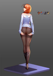 Rule 34 | 1girl, ahoge, ass, boots, brown pantyhose, creatures (company), fletchling, game freak, gen 6 pokemon, hand on own ass, high heel boots, high heels, highres, knee boots, kneepits, long hair, looking at viewer, looking back, nintendo, orange eyes, orange hair, pantyhose, personification, pokemon, pokemon (creature), pokemon xy, ryushin, simple background, sweater, thighband pantyhose, wings