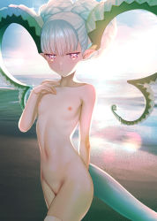 Rule 34 | 1girl, absurdres, backlighting, beach, besmiled, big hair, blue hair, braid, breasts, cleft of venus, closed mouth, collarbone, commentary request, cowboy shot, curled horns, fate/grand order, fate (series), french braid, hand up, highres, horns, larva tiamat (fate), larva tiamat (first ascension) (fate), long horns, looking at viewer, navel, nipples, nude, outdoors, pink eyes, pointy ears, pussy, sand, small breasts, solo, standing, stomach, symbol-shaped pupils, tail, thighhighs, tiamat (fate), water, white thighhighs, x-shaped pupils