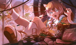 Rule 34 | 1girl, 2022, absurdres, animal ear fluff, animal ears, black nails, chinese zodiac, claw pose, colored eyelashes, feet on table, food, hair between eyes, hair ornament, hair strand, hairclip, hands up, happy new year, hayateluc, highres, holding, holding umbrella, japanese clothes, kimono, kneehighs, legs up, multicolored hair, nail polish, new year, oil-paper umbrella, open mouth, orange footwear, orange hair, orange kimono, original, short kimono, sitting, socks, solo, teeth, tiger ears, tiger girl, toes, umbrella, upper teeth only, white hair, white socks, year of the tiger