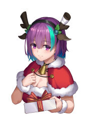 Rule 34 | 1girl, absurdres, alternate costume, antlers, aqua hair, bell, black hairband, blue hair, blush, box, breasts, capelet, christmas, cleavage, closed mouth, colored inner hair, commentary, cropped torso, eyelashes, eyes visible through hair, fake antlers, fur-trimmed capelet, fur cuffs, fur trim, gift, gift box, hair between eyes, hairband, hands up, highres, holding, holding gift, horns, ibaraki rino, incoming gift, large breasts, looking at viewer, medium hair, multicolored hair, neck bell, parquet (yuzusoft), purple eyes, purple hair, qumai79, reindeer antlers, santa capelet, santa costume, simple background, smile, solo, streaked hair, tsurime, white background, white wrist cuffs, wrist cuffs