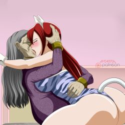Rule 34 | 2girls, absurdres, age difference, breasts, cleavage, dicasty, erza scarlet, fairy tail, highres, kiss, large breasts, multiple girls, old, old woman, yuri