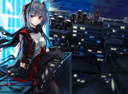 Rule 34 | 1girl, arknights, bad id, bad pixiv id, black gloves, breasts, building, evening, eyebrows hidden by hair, fingerless gloves, gloves, grey hair, hair between eyes, jacket, looking at viewer, nicky w, night, night sky, outdoors, pants, red eyes, scarf, shirt, short hair, sitting, skirt, sky, smile, solo, sweater, w (arknights)