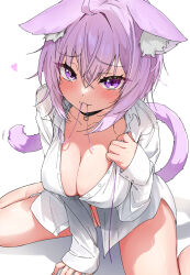 Rule 34 | 1girl, animal ear fluff, animal ears, blush, breasts, cat ears, cat girl, cat tail, cleavage, collarbone, commentary request, eru (l illust45), hair between eyes, heart, highres, hololive, large breasts, looking at viewer, nekomata okayu, nekomata okayu (oversized shirt), purple eyes, purple hair, shirt, simple background, solo, tail, virtual youtuber, white background, white shirt