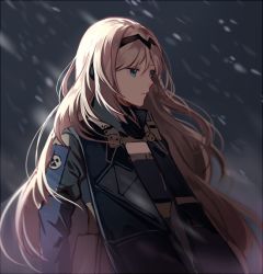 Rule 34 | 1girl, an-94 (girls&#039; frontline), backlighting, blonde hair, blue eyes, closed mouth, girls&#039; frontline, hairband, jacket, long hair, looking to the side, silence girl, snowing, solo, upper body, wind