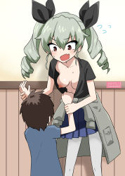 Rule 34 | 1boy, 1girl, absurdres, anchovy (girls und panzer), assisted exposure, blue skirt, blush, breasts, donkichikin, downblouse, drill hair, flying sweatdrops, girls und panzer, green hair, hair ribbon, highres, long hair, nipple slip, nipples, no bra, open mouth, pantyhose, pleated skirt, red eyes, ribbon, skirt, small breasts, standing, twin drills, twintails, white pantyhose