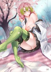 Rule 34 | 1girl, absurdres, ass, black jacket, black panties, black skirt, blanket, blonde hair, blush, braid, breasts, cherry, cherry blossoms, collarbone, covering privates, covering breasts, covering crotch, d. joko, dutch angle, food, fruit, gradient hair, green eyes, green hair, green thighhighs, hair between eyes, highres, jacket, japanese clothes, kanroji mitsuri, kimetsu no yaiba, large breasts, leg up, long hair, long sleeves, looking at viewer, miniskirt, mole, mole under eye, multicolored hair, off shoulder, open clothes, open mouth, open shirt, outdoors, panties, panty pull, petals, pink hair, pleated skirt, ribbed legwear, shirt, single bare shoulder, sitting, skirt, solo, thighhighs, twin braids, underwear, white shirt