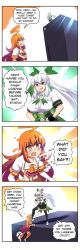 Rule 34 | 2girls, 4koma, absurdres, ahoge, anger vein, blush, breasts, comic, corset, ascot, english text, game console, glitch, google stadia, google stadia (personification), green eyes, hair ornament, highres, hinghoi, huge ahoge, kicking, large breasts, long hair, merryweather, miniskirt, multiple girls, open mouth, orange hair, original, paint stains, personification, ponytail, school uniform, serafuku, short sleeves, sidelocks, skirt, smug, speech bubble, thighhighs, thighs, tower, very long hair, white hair, xbox one, xbox one (personification), xbox series x, zettai ryouiki