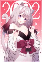 Rule 34 | 1girl, 2022, :d, animal ears, animal print, blush, bow, chinese zodiac, chitetan, commentary request, facial mark, gradient hair, grey hair, japanese clothes, kimono, long hair, multicolored hair, obi, off shoulder, open mouth, original, purple bow, purple eyes, red hair, sash, smile, solo, tail, tiger ears, tiger girl, tiger print, tiger tail, whisker markings, white kimono, year of the tiger