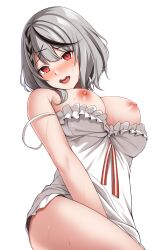 Rule 34 | 1girl, black hair, braid, breasts, camisole, dress, grey hair, hair ornament, highres, hololive, large breasts, looking at viewer, multicolored hair, nipples, open mouth, red eyes, sakamata chloe, sakamata chloe (1st costume), shirayuiii, short hair, simple background, single braid, solo, strap slip, streaked hair, sweat, thighs, virtual youtuber, white background, white camisole, x hair ornament