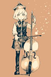Rule 34 | 1girl, :o, bow (music), brown background, crescent, crescent pin, double bass, frilled hat, frills, full body, hakurou hokuto, half-closed eyes, hat, highres, holding, holding instrument, instrument, limited palette, long sleeves, looking at viewer, lunasa prismriver, open mouth, pointy hat, short eyebrows, short hair, simple background, skirt, solo, standing, thighhighs, touhou
