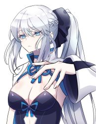 Rule 34 | 1girl, blue eyes, bow, braid, breasts, cleavage, clothing cutout, dress, fate/grand order, fate (series), hair between eyes, hair bow, highres, kuwowo, large breasts, long hair, morgan le fay (fate), navel cutout, outstretched arm, silver hair, simple background, solo, upper body, white background
