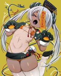 Rule 34 | 1girl, absurdres, animal ears, animal hands, bikini, black hair, chinese clothes, commentary request, dai yasude, earrings, eyeliner, eyepatch bikini, flats, gloves, grey hair, hair over one eye, hat, highleg, highleg bikini, highres, hoop earrings, jewelry, jiangshi, long hair, looking at viewer, makeup, microskirt, mole, mole on stomach, multicolored hair, navel, ofuda, ofuda on head, one-piece tan, open mouth, original, panda ears, panda tail, paw gloves, sharp teeth, shrug (clothing), skindentation, skirt, solo, swimsuit, tan, tanline, tassel, teeth, thighhighs, twintails, two-tone hair, white thighhighs