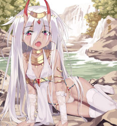 Rule 34 | 1girl, aoi (buzhuen444), armlet, bad id, bad pixiv id, breasts, cameltoe, cleft of venus, day, detached sleeves, earrings, hair between eyes, highres, hoop earrings, horns, jewelry, long hair, looking at viewer, necklace, oni, oni horns, open mouth, original, outdoors, red eyes, see-through, small breasts, solo, thighhighs, usekh collar, very long hair, water, waterfall, white hair, white thighhighs