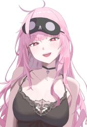 Rule 34 | 1girl, absurdres, black choker, black mask, black nightgown, blush, breasts, choker, cleavage, collarbone, commentary, earrings, eye mask, heart, heart-shaped pupils, highres, hololive, hololive english, jewelry, kongarisalmon, large breasts, long hair, looking at viewer, mask, mask on head, messy hair, mori calliope, mori calliope (sleepwear), nightgown, official alternate costume, open mouth, pink eyes, pink hair, simple background, skull choker, skull earrings, sleep mask, sleepwear, solo, symbol-shaped pupils, upper body, virtual youtuber, white background