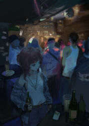Rule 34 | 1girl, 2girls, 6+boys, absurdres, alcohol, belt, benikusochan, bottle, crowd, cup, dark, disco ball, drinking glass, faceless, faceless male, glass bottle, green nails, highres, holding, holding bottle, indoors, jewelry, multiple boys, multiple girls, necklace, nightclub, off shoulder, original, pants, people, plate, solo focus, standing, table, tank top, two side up, white tank top