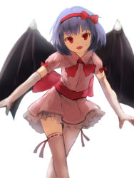 Rule 34 | 1girl, asymmetrical legwear, bat wings, blue hair, bow, dress, fangs, flat chest, frilled dress, frilled skirt, frills, gloves, hair ornament, hair ribbon, unworn headwear, highres, large bow, looking at viewer, miniskirt, mismatched legwear, no headwear, open mouth, pink dress, puffy short sleeves, puffy sleeves, red eyes, remilia scarlet, ribbon, shone, short hair, short sleeves, simple background, single thighhigh, sitting, skirt, skirt set, smile, solo, standing, thighhighs, touhou, white background, white gloves, white thighhighs, wings, zettai ryouiki