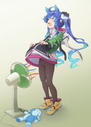 Rule 34 | 1girl, ahoge, animal ears, animal hood, bad id, bad pixiv id, blue hair, blush, boots, bow, closed eyes, clothes lift, commentary request, crossed bangs, electric fan, fanning crotch, full body, gradient background, green background, hair bow, highres, hood, hoodie, hoodie lift, horse ears, horse girl, hot, lifting own clothes, long hair, misashi (raichi821), multicolored bow, multicolored hair, open mouth, pantyhose, rabbit hood, sharp teeth, solo, standing, stuffed animal, stuffed rabbit, stuffed toy, sweat, teeth, twin turbo (umamusume), twintails, umamusume