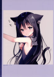 Rule 34 | 1girl, :o, absurdres, animal ear fluff, animal ears, arm up, armpits, artist name, black dress, black hair, black tail, blush, border, breasts, cat ears, cat girl, cat tail, comiket 103, dress, flat chest, grey background, grey eyes, hair between eyes, hand up, highres, hoshizora tetsudou to shiro no tabi, long hair, looking at viewer, looking back, mignon, noir (hoshishiro), non-web source, page number, parted lips, purple border, scan, simple background, sleeveless, sleeveless dress, small breasts, solo, tail, tail raised, upper body, very long hair