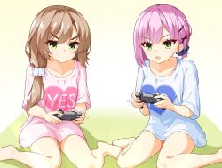Rule 34 | &gt;:(, 2girls, barefoot, blue shirt, blunt bangs, bob cut, brown hair, collarbone, commentary request, controller, double-parted bangs, eyelashes, eyes visible through hair, fang, feet, feet out of frame, game controller, gamepad, green eyes, hair between eyes, hair ornament, hair scrunchie, hands up, heart, highres, holding, holding controller, holding game controller, knees out of frame, legs, long hair, mikuni sairi, multicolored hair, multiple girls, no, open mouth, pink hair, pink shirt, playing games, scrunchie, serious, sesen2000, shirt, short sleeves, side ponytail, simple background, sitting, spiked hair, straight hair, tanikaze amane, tenshi souzou re-boot!, thighs, toes, v-shaped eyebrows, wariza, white background, white scrunchie, yes