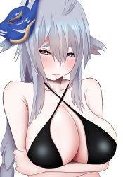 Rule 34 | 1girl, absurdres, alternate costume, azur lane, bare shoulders, bikini, black bikini, blush, breast hold, breasts, collarbone, commentary request, criss-cross halter, fox mask, grey eyes, hair between eyes, halterneck, hifumi kei, highres, large breasts, long hair, looking at viewer, mask, mask on head, sidelocks, silver hair, simple background, solo, swimsuit, tosa (azur lane), upper body, white background