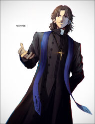 Rule 34 | 1boy, artist name, black robe, brown eyes, brown hair, cassock, commentary request, cross, crucifix, fate/grand order, fate (series), grigori rasputin, hand on own hip, happy new year, k-suwabe, kotomine kirei, long sleeves, looking at viewer, new year, outstretched arm, parted bangs, priest, robe, short hair, smile, solo, upper body, white background