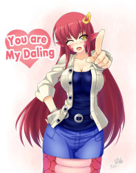 Rule 34 | 10s, 1girl, artist name, belt, breasts, butter-t, cleavage, english text, engrish text, fang, hair between eyes, hair ornament, hairclip, heart, lamia, large breasts, long hair, looking at viewer, miia (monster musume), miniskirt, monster girl, monster musume no iru nichijou, narrow waist, one eye closed, open clothes, open shirt, pointing, pointing at viewer, pointy ears, ranguage, red hair, scales, shirt, signature, skirt, sleeves rolled up, slit pupils, smile, snake tail, tail, wink, yellow eyes