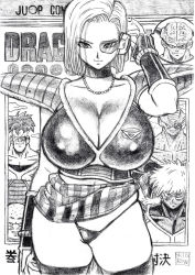 Rule 34 | 1girl, adjusting eyewear, android 18, armor, blush, body switch, breasts, captain ginyu, cleavage, comic, cover, curvy, dragon ball, dragon ball super, dragonball z, female focus, ginyu force, huge breasts, jewelry, large breasts, looking at viewer, necklace, personality switch, scouter, sex, short hair, smile, smirk, solo, standing, thick thighs, thighs, thong, tinted eyewear