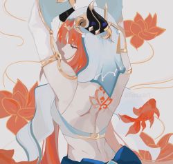 Rule 34 | 1girl, arms up, artist name, atlasxart, back, back tattoo, bare shoulders, blunt bangs, breasts, closed eyes, fish, flower, forehead jewel, from behind, genshin impact, goldfish, highres, nilou (genshin impact), o-ring, o-ring top, red flower, red hair, simple background, tattoo, veil, white background