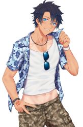 Rule 34 | 1boy, absurdres, black hair, blue eyes, camouflage, camouflage shorts, character name, chumugi, command spell, cowboy shot, fate/grand order, fate (series), fujimaru ritsuka (male), fujimaru ritsuka (male) (tropical summer), groin, hawaiian shirt, head tilt, highres, jewelry, looking at viewer, male focus, midriff, navel, necklace, official alternate costume, open clothes, open shirt, shirt, shorts, simple background, smile, solo, sunglasses, tan, tank top, tanline, tropical summer (fate), v, white background, wristband