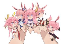 Rule 34 | 1other, 5girls, :3, ?, absurdres, animal ears, armor, bare shoulders, chibi, chibi inset, closed mouth, company connection, crossover, earrings, fingernails, fox ears, fox mask, full body, genshin impact, grin, hair between eyes, hair ornament, highres, honkai (series), honkai impact 3rd, japanese armor, japanese clothes, jewelry, kimono, long hair, looking at viewer, mask, mihoyo, miko, multiple girls, name connection, ninja, open mouth, pink hair, purple eyes, purple scarf, sakura ayane, scarf, shiba257, simple background, sleeveless, smile, teeth, tongue, tongue out, trait connection, voice actor connection, white background, white kimono, white legwear, yae kasumi, yae miko, yae sakura, yae kasumi, yae sakura (flame sakitama), yae sakura (goushinnso memento), yae sakura (gyakushinn miko)