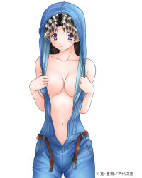 Rule 34 | 1girl, black hair, breasts, brown hair, cleavage, collarbone, cowboy shot, futari ecchi, jewelry, katsu aki, large breasts, long hair, looking at viewer, mature female, medium breasts, navel, onoda yura, open clothes, purple eyes, ring, simple background, smile, solo, white background